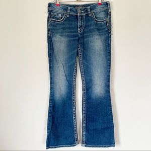 Silver Denim Jeans Embroidered Embellished White Thread Suki Bootcut Size 29x30